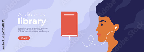 Audio book library horizontal layout template. Beautiful woman listening audiobook by earphones. Female character listening to books. Online audio book shop service. Ad web banner, vector illustration