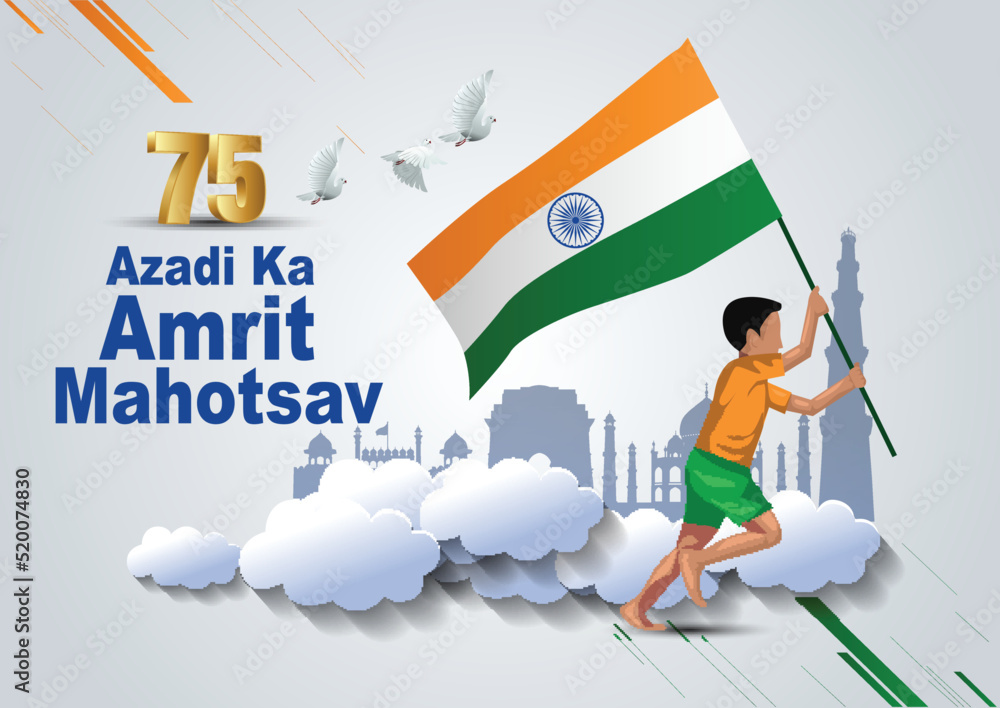 happy Independence day India Azadi ka Amrit Mahotsav poster, a boy running with Indian flag. vector illustration design - obrazy, fototapety, plakaty 