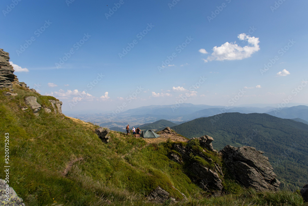 picturesque mountain landscapes, people hiking