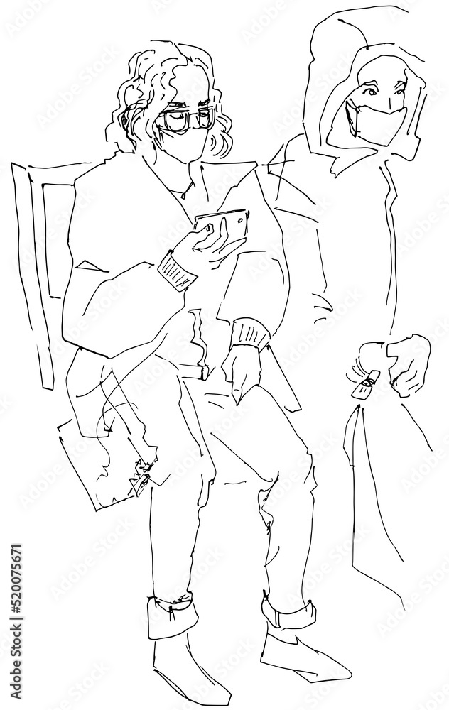 Human silhouette hand drawn one line flat illustration. Set Guy with backpack travels in public transport people wearing mask. line art sketch phone in hands concept smartphone as a part of life