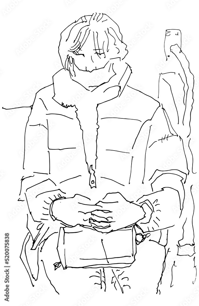 Human silhouette hand drawn one line flat illustration. Set of drawings people different ages everyday life. line art sketch phone in hands public transport.  people concept phone as a part of life