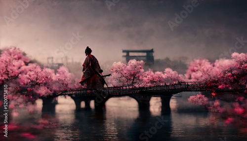 Fotografie, Obraz Fantasy Japanese landscape with sunset