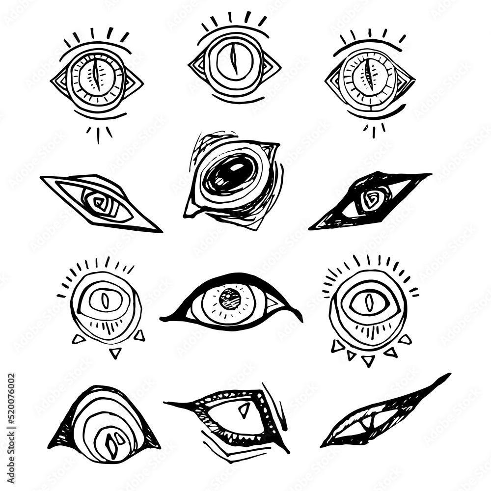 stylized eyes drawn in ink by hand. Witch set frightening drawings amulets. Eye logo black set. Eyes graphic symbols, vector secret and spy, healthy vision and creative eyeball logo set on white