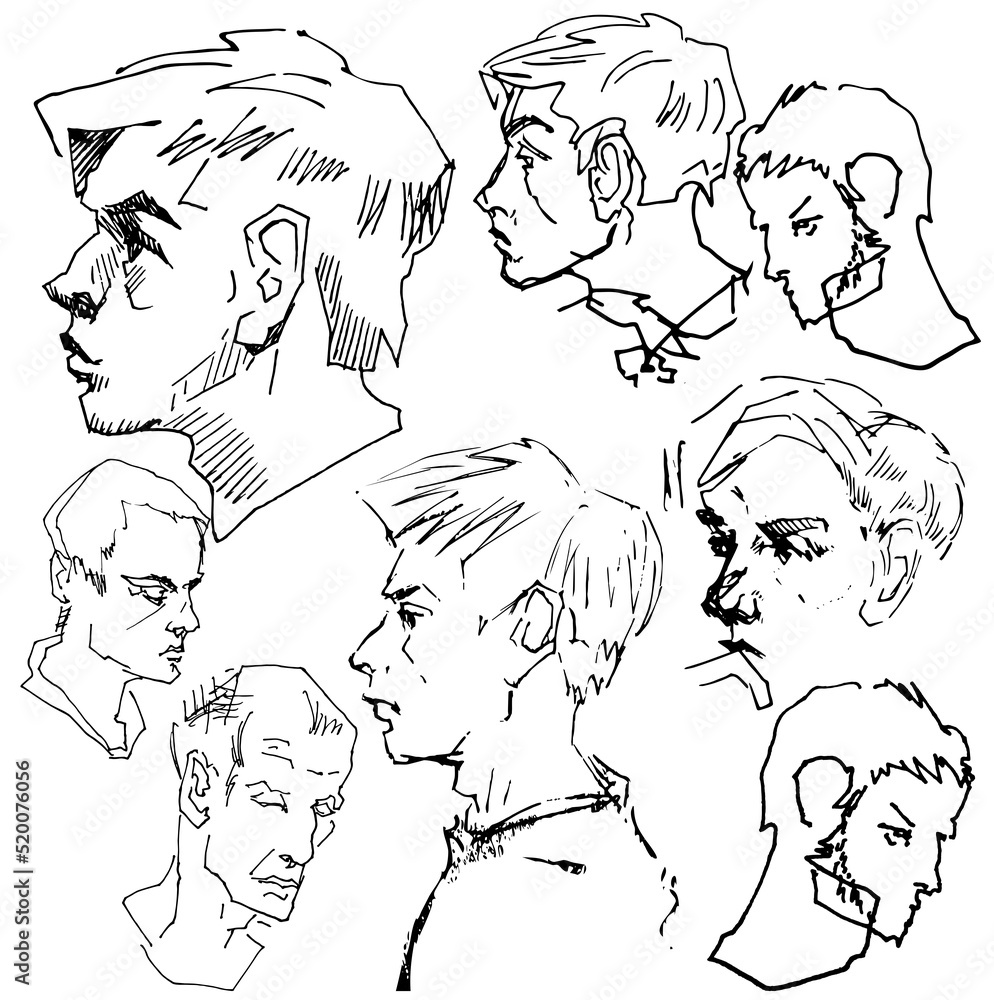 Man Portrait Simple Sketch Model Face For Barbershop Logo Men's Goods Design. Guys of different ages freehand drawing in one linesimple sketch minimalism. People in everyday life Man Portrait Simple Sketch Model Face For Barbershop Logo Men's Goods Design. Guys of different ages freehand drawing in one linesimple sketch minimalism. People in everyday life