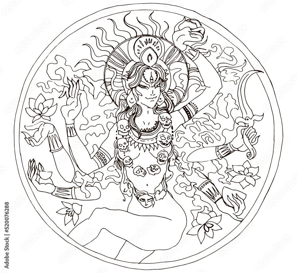 Portrait of Indian Hindi goddess Kali. Female head with open moth and out stuck tongue. Destroyer of evil forces. Occultism and witchcraft isolated illustration. Kali Pooja India festival Portrait of Indian Hindi goddess Kali. Female head with open moth and out stuck tongue. Destroyer of evil forces. Occultism and witchcraft isolated illustration. Kali Pooja India festival