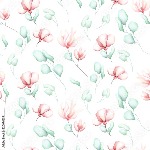 Vintage seamless pattern with cream pink and green flower buds background