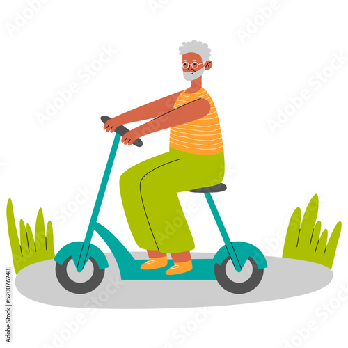Old black man on seat of electric scooter. Modern grandfather with eco-friendly moped. Rider sitting on chair of trendy urban transport.