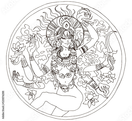 Portrait of Indian Hindi goddess Kali. Female head with open moth and out stuck tongue. Destroyer of evil forces. Occultism and witchcraft isolated illustration. Kali Pooja India festival