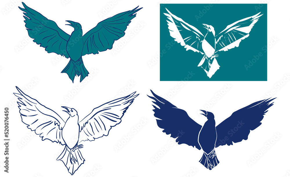 Obraz premium Icon stylized raven line art doodle. Crow sketch illustration design element clip art print Hand drawn animal graphic isolated white background ink pen graphic folded wings symbol cartoon blue