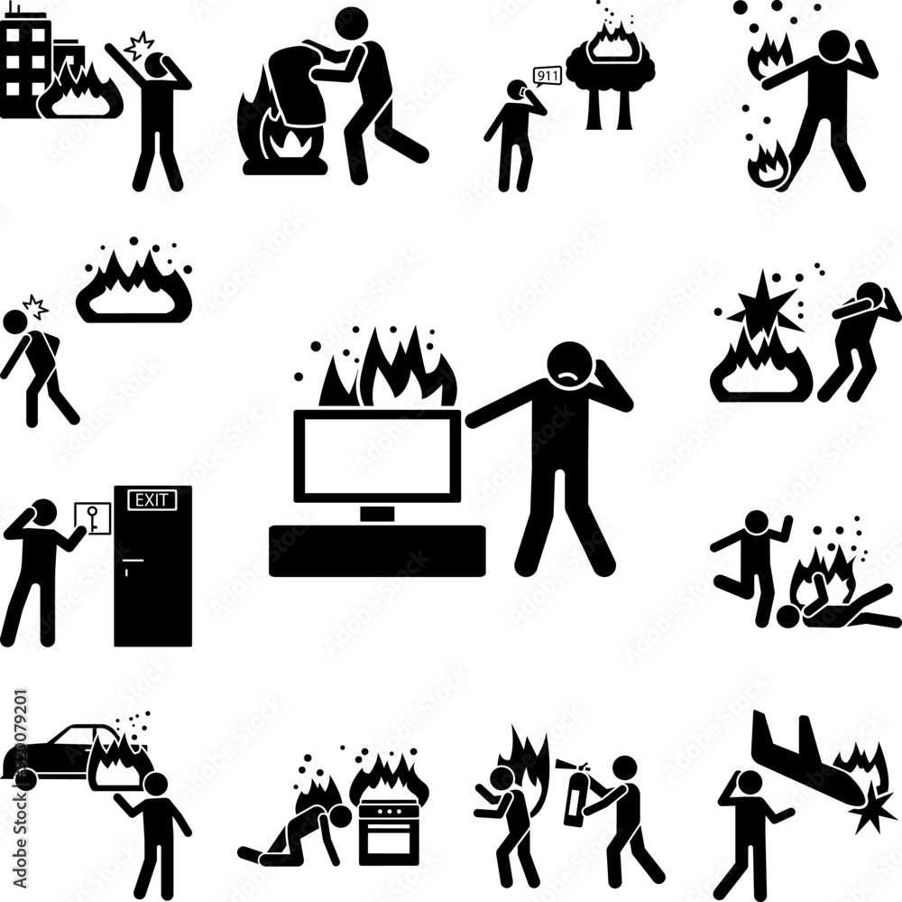 Tv in fire and man cry icon in a collection with other items Tv in fire and man cry icon in a collection with other items