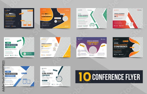 Corporate horizontal Business Conference event flyer bundle and invitation flyer template design. Annual corporate business workshop, meeting, training, online webinar banner template set.