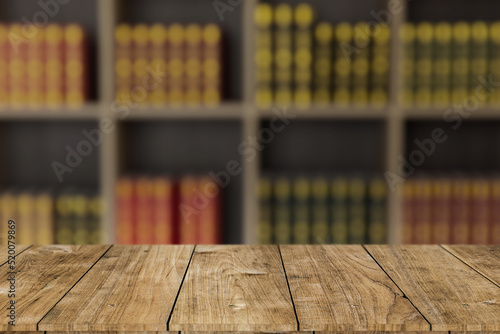 library old books on bookshelf with wooden table space for learning education background