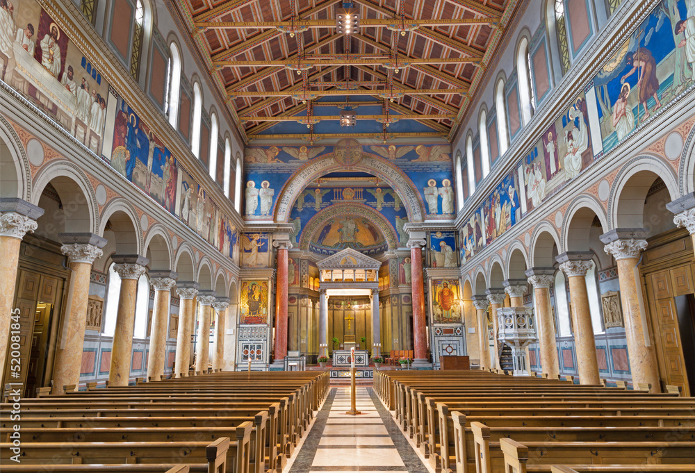 ZURICH, SWITZERLAND - JULY 1, 2022: The nave of church Pfarrkirche Liebfrauen.