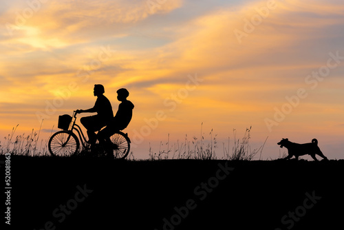 Silhouette of Man and friend riding bicycle with their dog at sunset evening sky background © JU.STOCKER