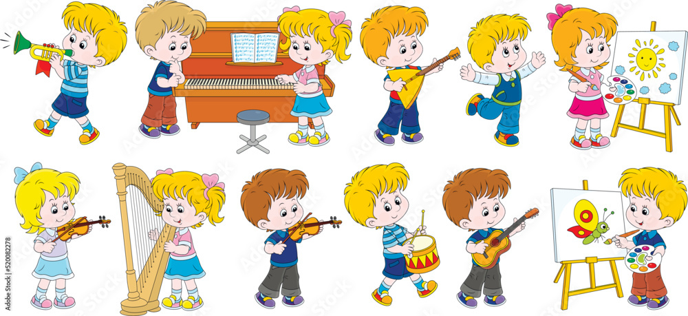 Vector cartoon set of little children playing musical instruments and drawing funny pictures Vector cartoon set of little children playing musical instruments and drawing funny pictures