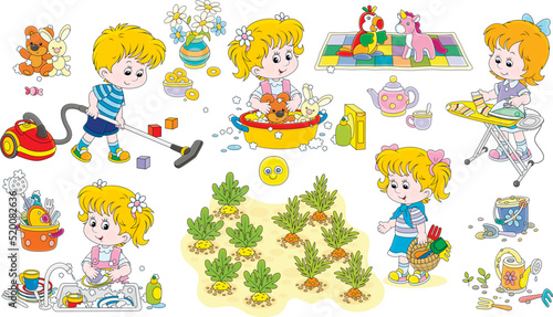 Vector cartoon set of little kids with household chores