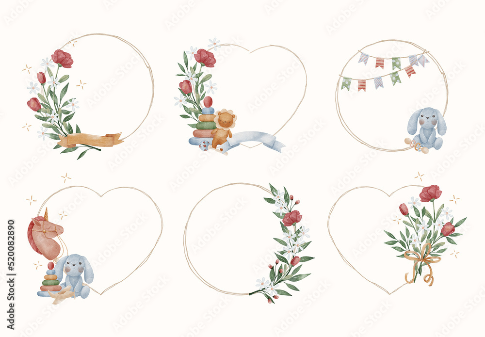 Watercolor Baby Nursery Frames Illustrations Design Set Stock Template