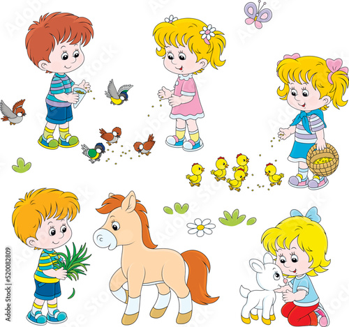 Vector cartoon set of happy little kids feeding small birds, chickens, a pony and a goatling