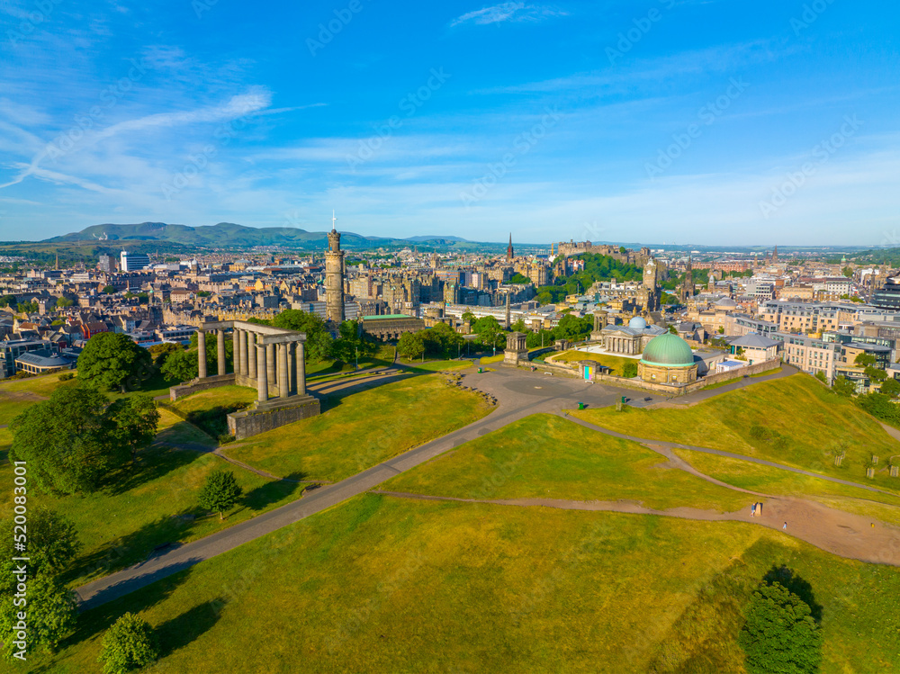 National Monument, Nelson Monument and City Observatory aerial view on Calton Hill in New Town of Edinburgh, Scotland, UK. New Town Edinburgh is a UNESCO World Heritage Site since 1995. 