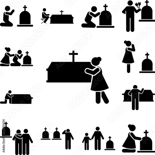 Woman weep coffin sorrow icon in a collection with other items