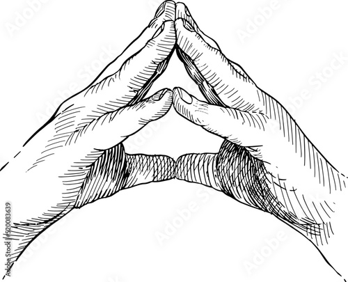 Hands with fingers joined in triangle. Hand language. Black and white vector illustration on white background