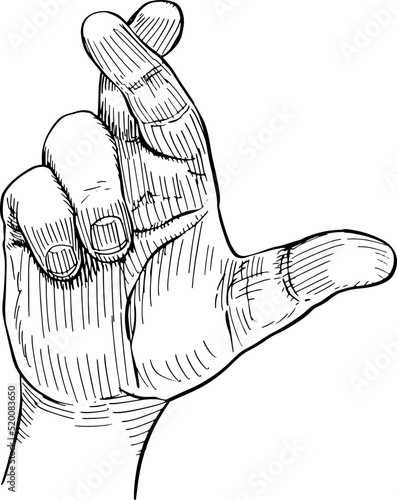 Close-up of crossed fingers of the hand as a symbol of superstition. Hand language. Black and white vector illustration on white background