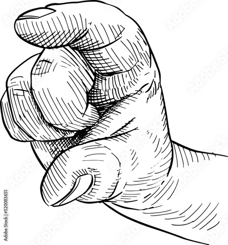Close-up of hand showing a measure with the fingers. Hand language. Black and white vector illustration on white background.