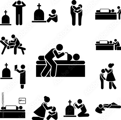 Man dead bed sorrow icon in a collection with other items
