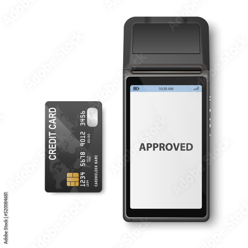 Vector 3d NFC Payment Machine with Approved Status and Black Credit Card Isolated. Wi-fi, Wireless Payment. POS Terminal, Machine Design Template, Bank Payment Contactless Terminal, Mockup. Top VIew