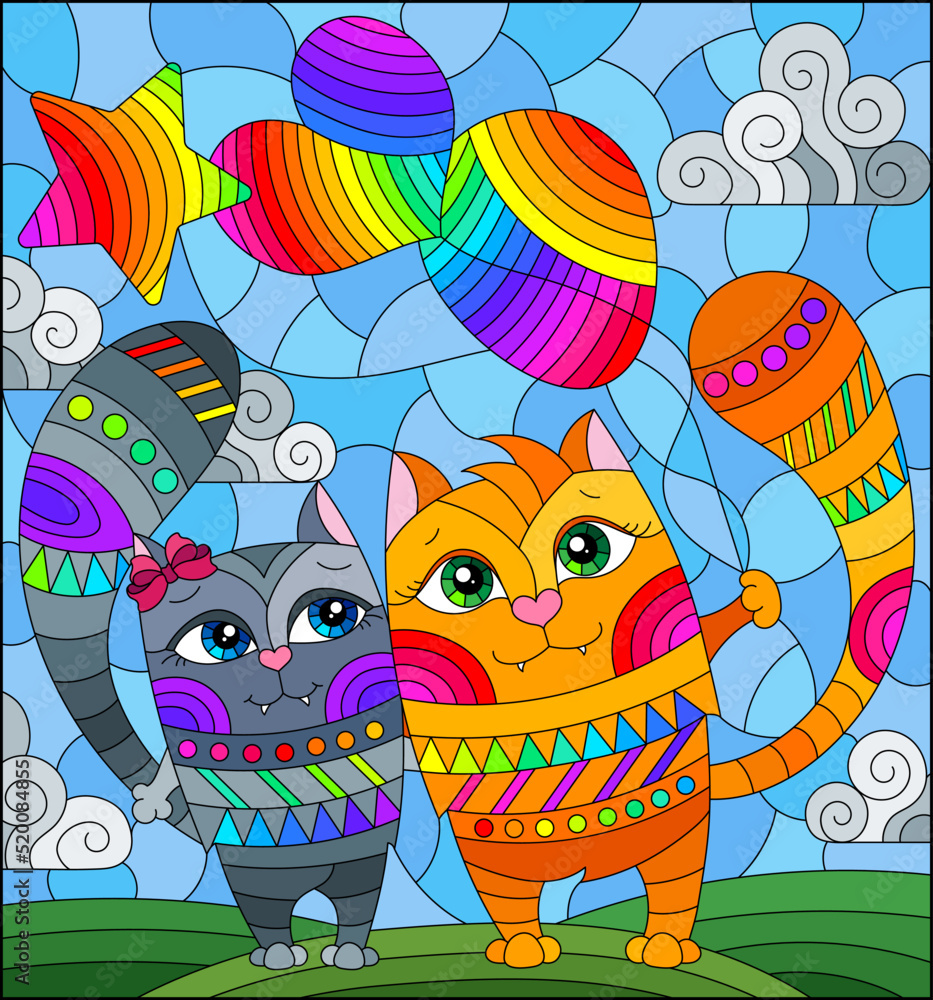 An illustration in the style of a stained glass window with cute cats with balloons on the background of a meadow and a cloudy sky
