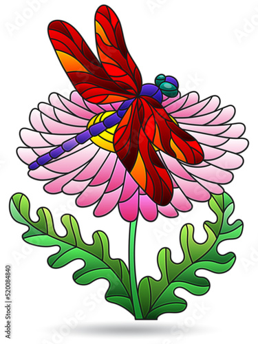 An illustration in the style of a stained glass window with a strep on a daisy, an animal isolated on a white background