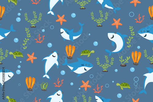 sharks pattern. cartoon shark, seaweed print. Sea wildlife, underwater world vector seamless texture
