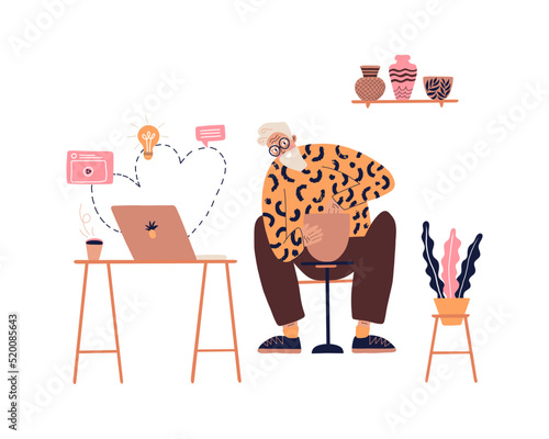 The concept of teaching pottery to the elderly. Grandpa making clay pot at home at online workshop. Concept of old people living full life. Vector illustration for banner, poster, card, t-shirt.