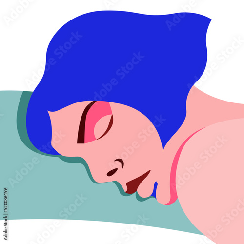 vector illustration of a girl sleeping in bed with her head on a pillow on a white background. useful for advertising pillows, blankets, beds, relaxation products, sleep products, healthy lifestyle