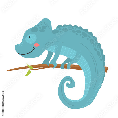 Chameleon reptile sitting on branch of tree, vector cartoon character. Cartoon chameleon animal in camouflage, jungle tropical lizard and exotic pet symbol of zoology park or wildlife nature