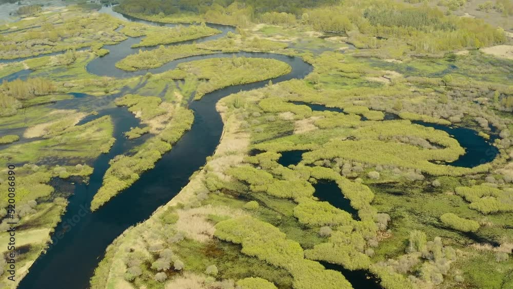 Aerial View Green Forest Woods And Curved River Landscape In Sunny Spring Day. Top View Of Rivers Nature From Attitude In Spring Season. Drone Flight View. Bird's Eye View. Aerial View Green Forest Woods And Curved River Landscape In Sunny Spring Day. Top View Of Rivers Nature From Attitude In Spring Season. Drone Flight View. Bird's Eye View.