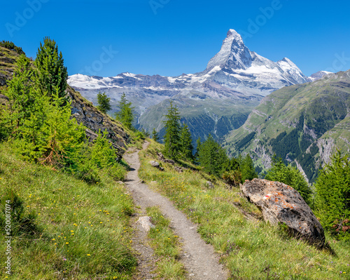 The swiss walliser alps with the Matterhorn peak over the mattertal valley.