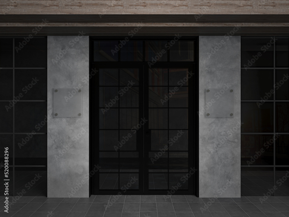 Square glass mockup of street store template signboard on empty concrete wall. 3d render Square glass mockup of street store template signboard on empty concrete wall. 3d render