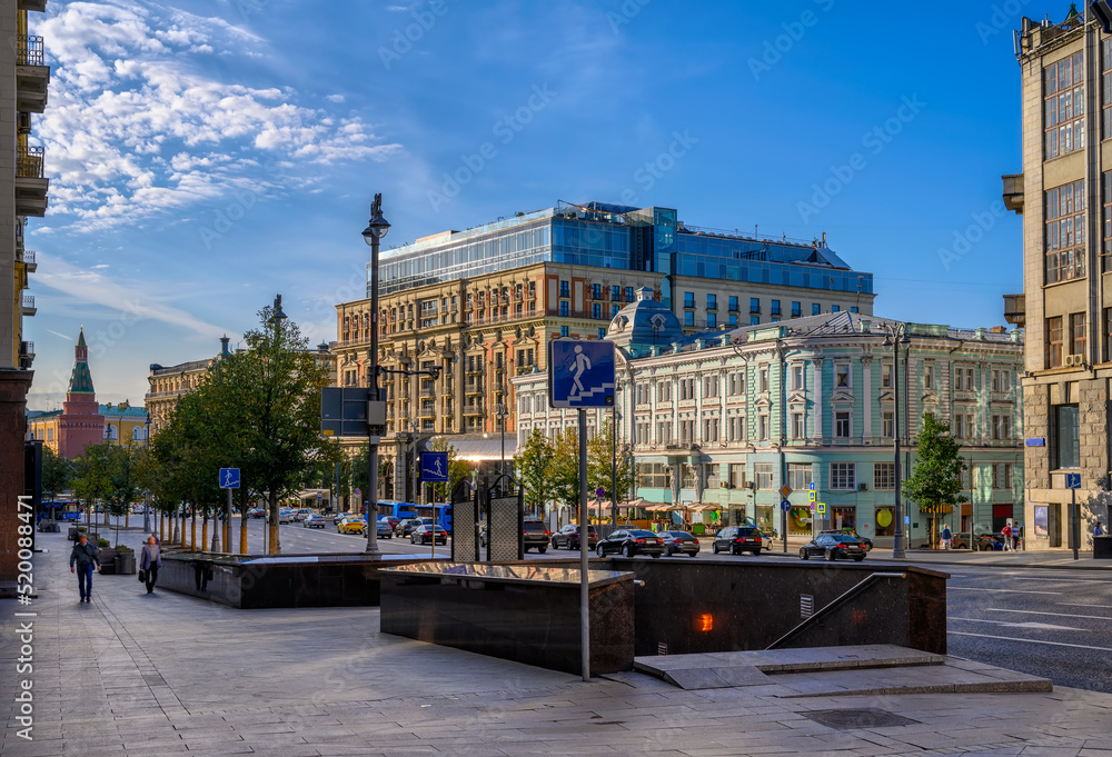 Tverskaya Street in Moscow, Russia. It is the main radial street of Moscow. Moscow architecture and landmark.