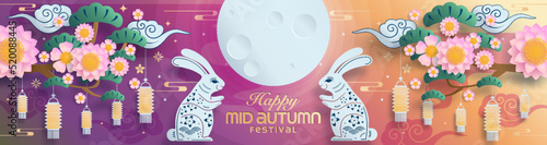 Mid autumn festival paper art style with full moon, moon cake, chinese lantern and rabbits on background.