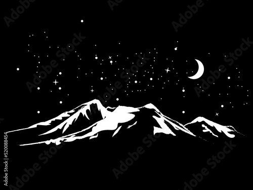 Mountain white silhouette on black background with stars and moon night hills illustration landscape design art