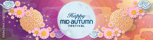 Mid autumn festival paper art style with full moon, moon cake, chinese lantern and rabbits on background.