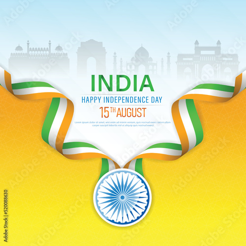 15 th August Indian Independence Day poster template design with Indian flag, Ashoka Chakra and silhouette of Indian monument.