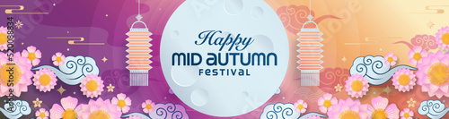 Mid autumn festival paper art style with full moon, moon cake, chinese lantern and rabbits on background.