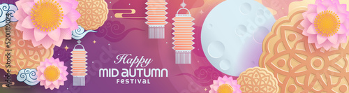 Mid autumn festival paper art style with full moon, moon cake, chinese lantern and rabbits on background.