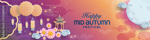 Mid autumn festival paper art style with full moon, moon cake, chinese lantern and rabbits on background.
