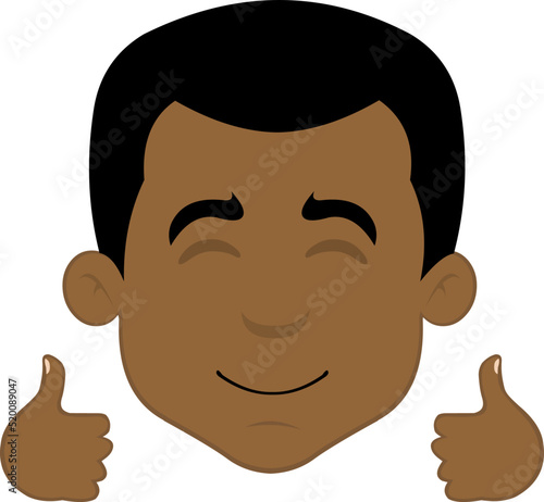 Vector illustration of a cartoon man's face with a happy expression and hands with thumbs up