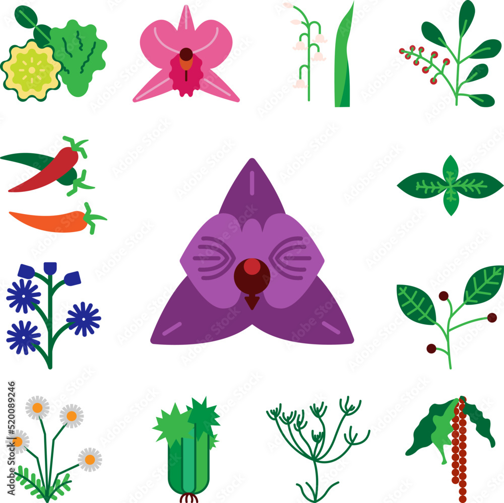 Herb, orchid icon in a collection with other items Herb, orchid icon in a collection with other items