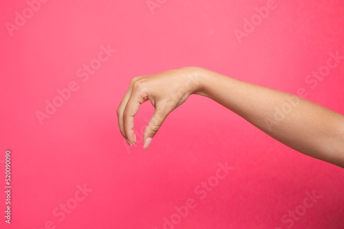 Empty female hand pretending holding something, isolated on pink background