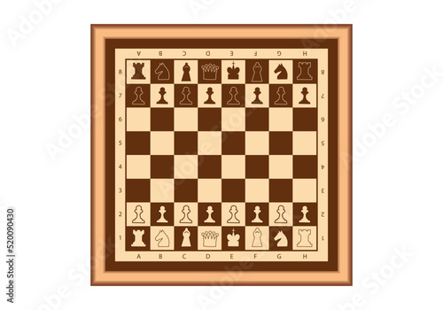 Tablero de ajedrez en tonos marrones y beis o beige con números y letras, fichas blancas y negras 